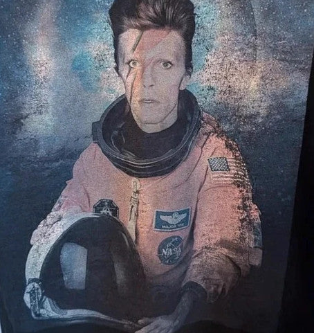 LaBarNa black graphic t-shirt featuring Ziggy Stardust lightning bolt astronaut print.