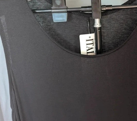 Italy Moda black sleeveless vest top with relaxed A-line silhouette and dip hem.