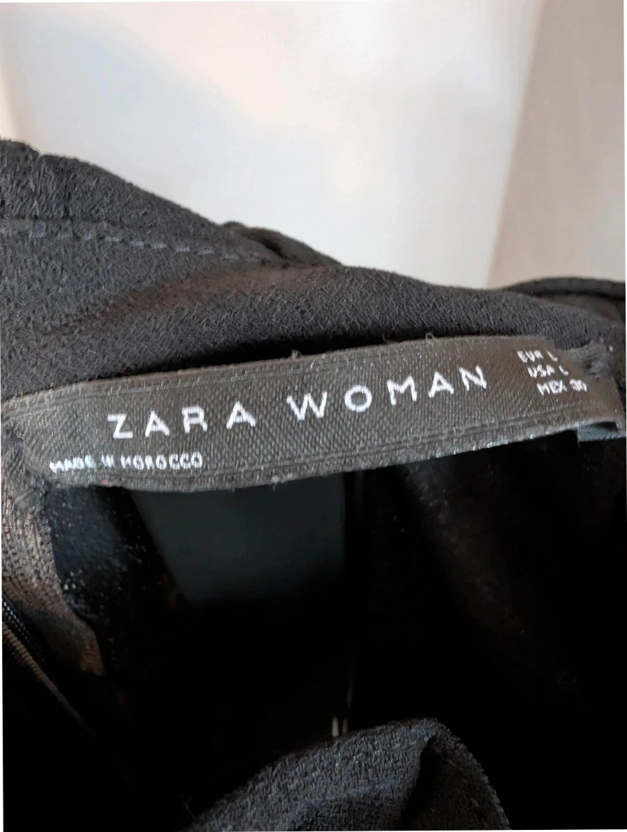 Zara Woman black pencil dress with high frill neckline and vertical ruffle trim.