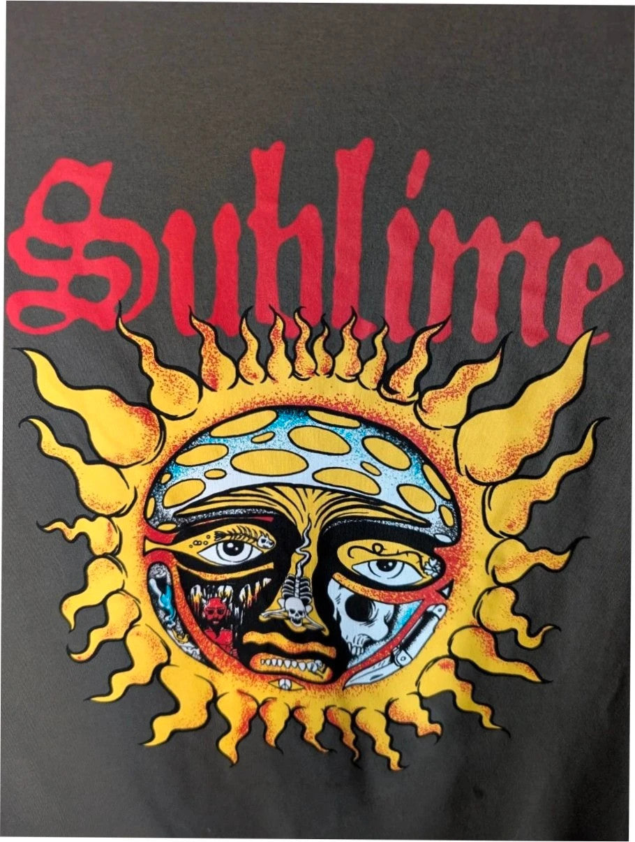 Sublime khaki graphic tee featuring distressed sun artwork and bold red gothic font.