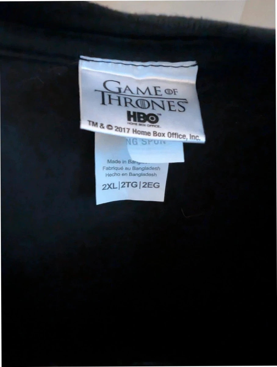 Game of Thrones black graphic tee featuring distressed House Stark direwolf sigil and logo.