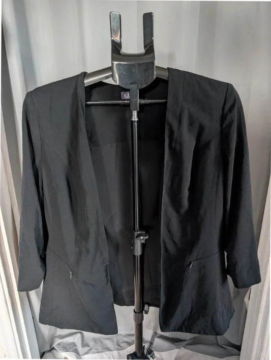 Marks & Spencer black blazer jacket with ruched sleeves and collarless design.