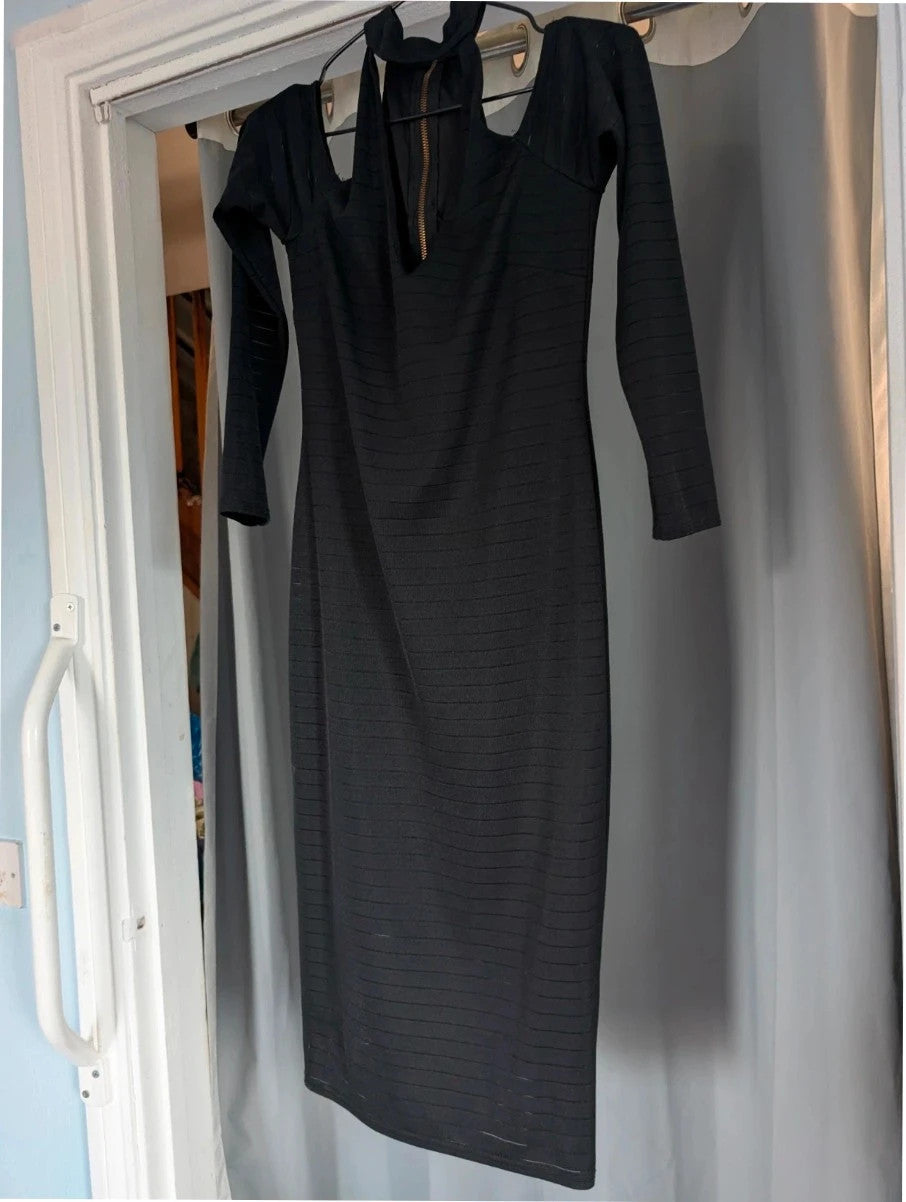 Miss Selfridge black bandage midi dress with cold shoulder cut-outs and gold zip detail.