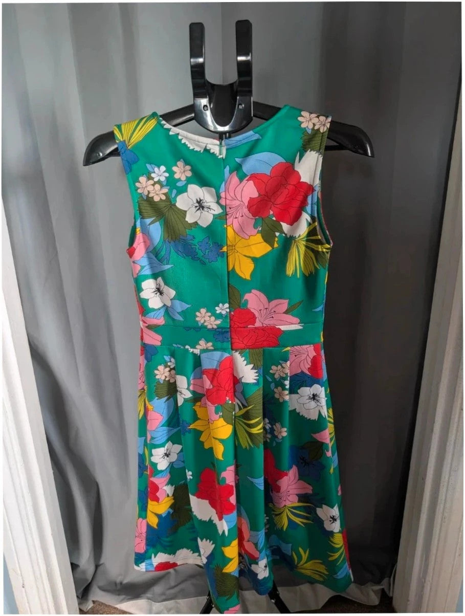 Bodyflirt multi floral print skater dress with pleats and round neckline, stretch jersey fabric.