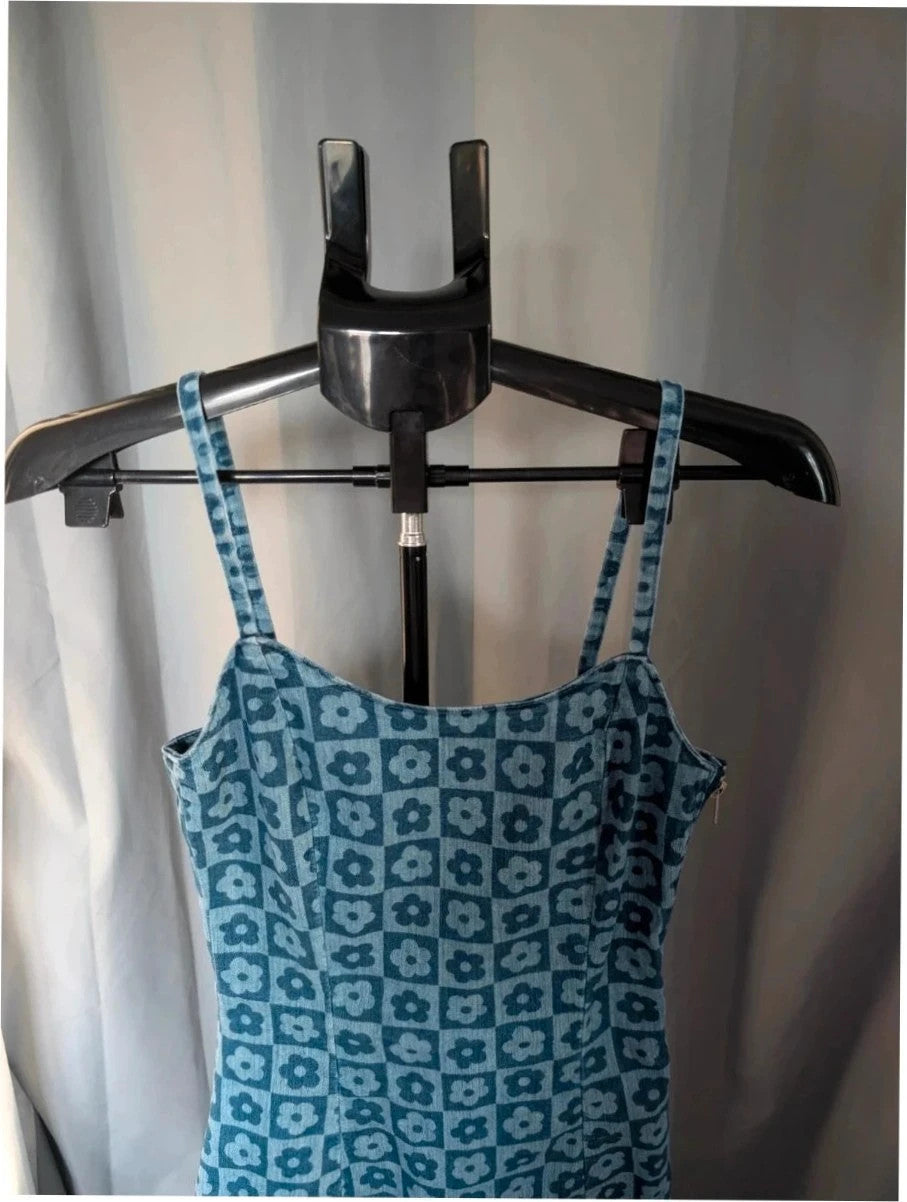 H&M blue floral checkered denim cami mini dress with fitted silhouette and thin straps.