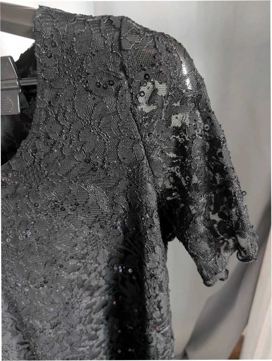 Luxe By Yours black floral lace sequin top with scoop neckline and scallop-edged hem.