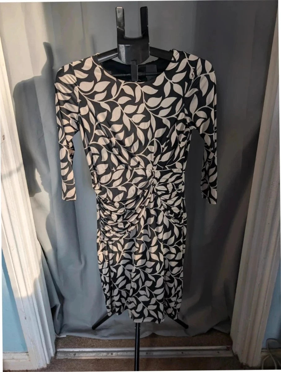 Laura Ashley midi dress black white leaf print, ruched waist, 3/4 sleeves, smooth jersey.