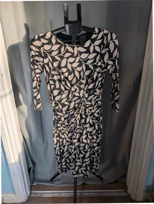 Laura Ashley midi dress black white leaf print, ruched waist, 3/4 sleeves, smooth jersey.