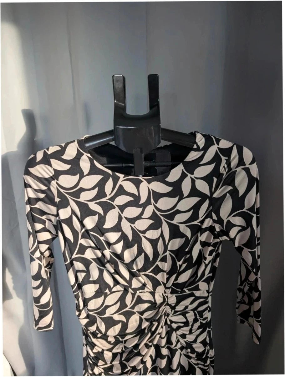 Laura Ashley midi dress black white leaf print, ruched waist, 3/4 sleeves, smooth jersey.