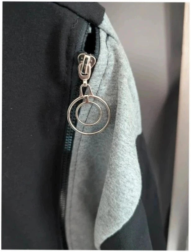 new collection made in Italy black grey asymmetric hoodie dress with metallic graphic print and zipper.