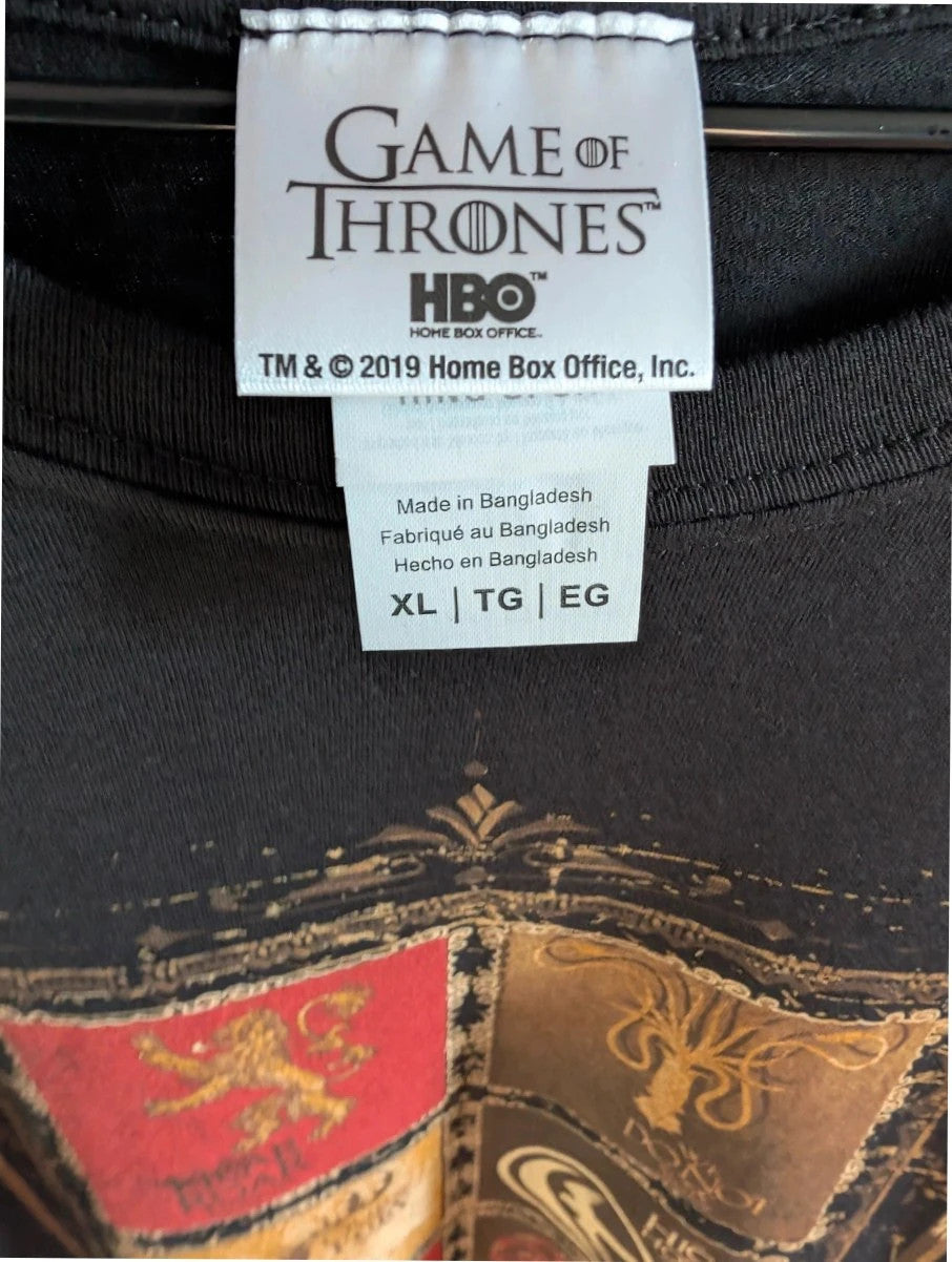 Game Of Thrones black graphic tee featuring house sigils print on soft cotton.