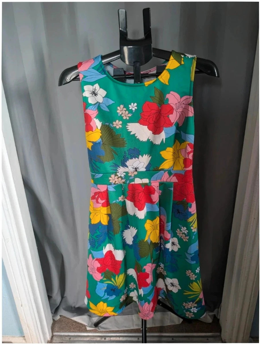 Bodyflirt multi floral print skater dress with pleats and round neckline, stretch jersey fabric.