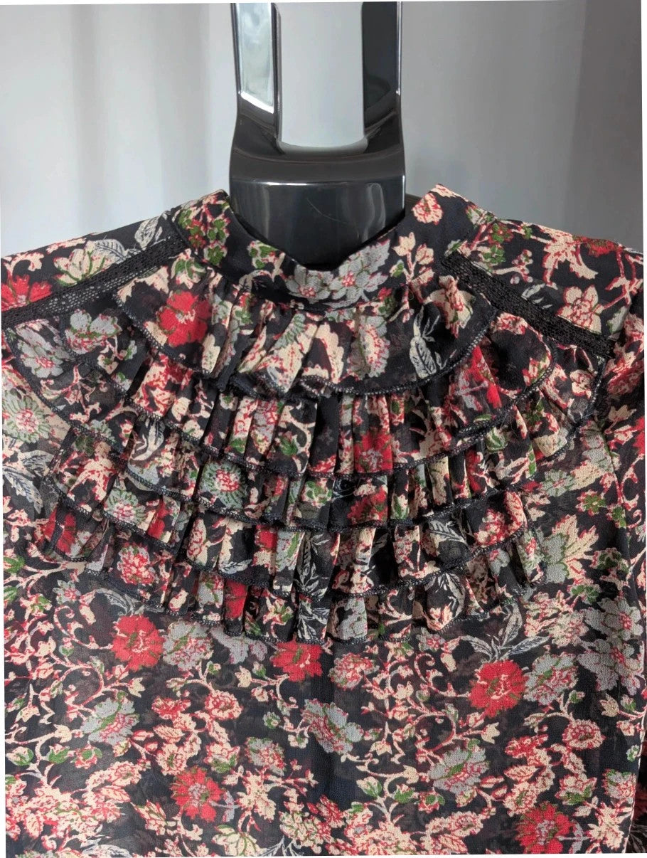 Zara black floral chiffon tunic blouse with tiered ruffle bib and crochet lace details.