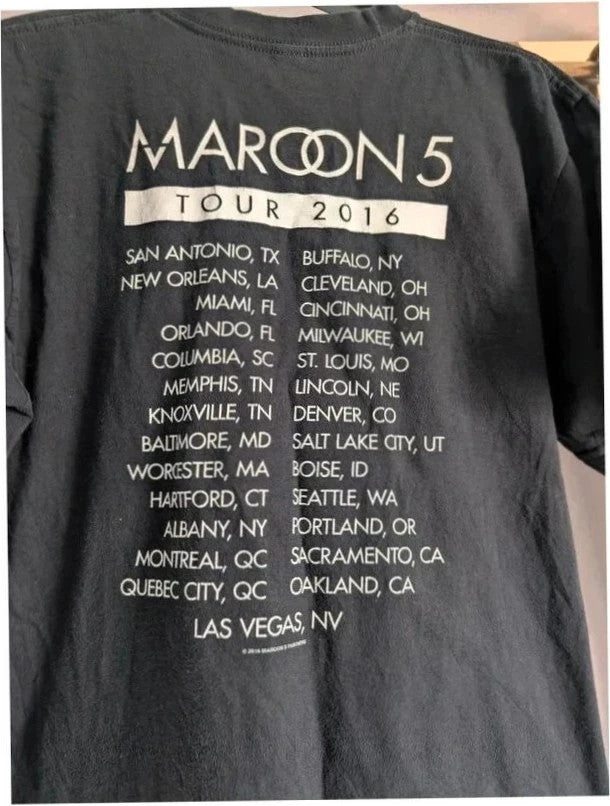 American Apparel black graphic t-shirt featuring Maroon 5 band portrait and tour dates.