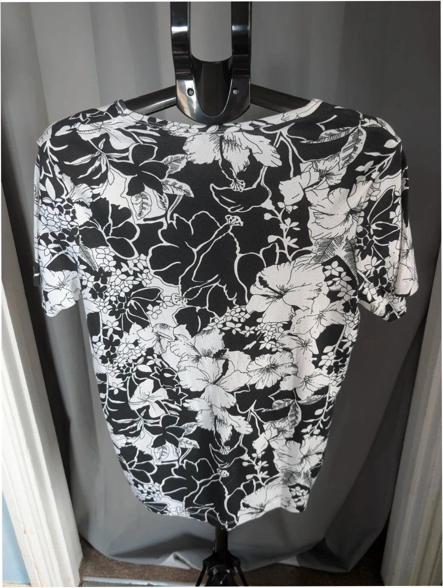 ISLE black white floral graphic t-shirt with rhinestone accents and hibiscus pattern.