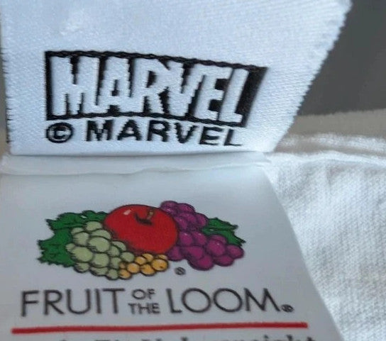 Marvel white graphic tee featuring Black Panther, Iron Man, and Captain America prints.