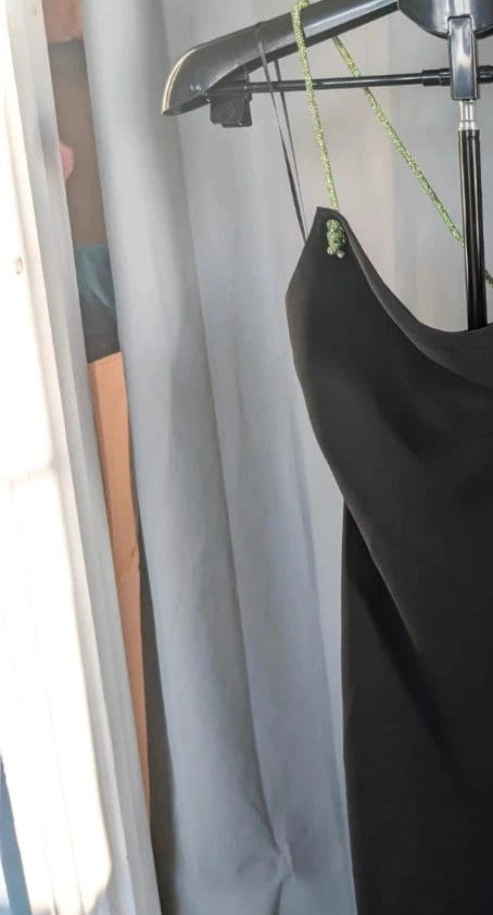 Zara black cowl neck slip dress with lime green rhinestone straps and smooth polyester fabric.