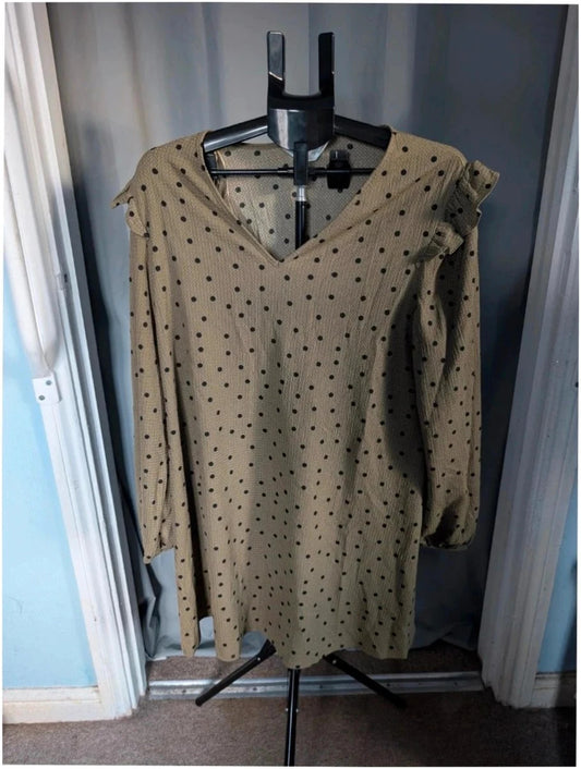Primark khaki green polka dot tunic dress with ruffle sleeves and V-neckline.