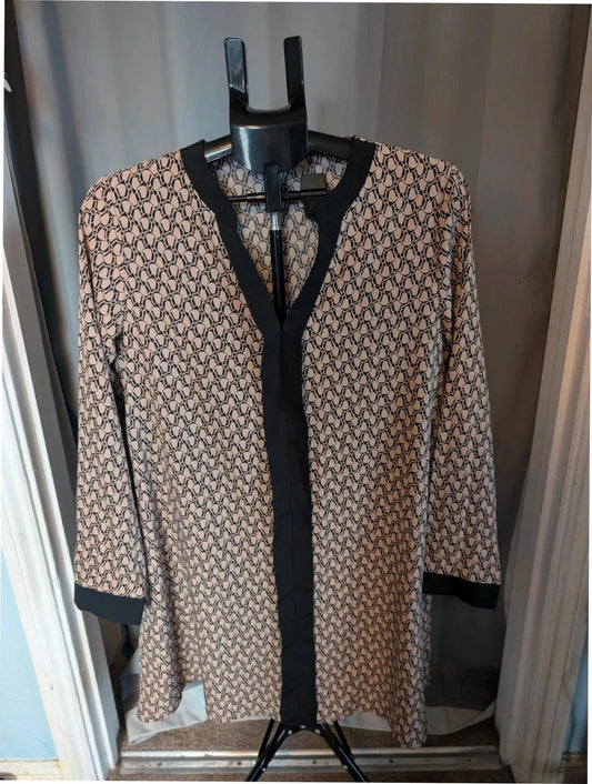 If Yoou beige tunic dress with black geometric print and split Mandarin collar.