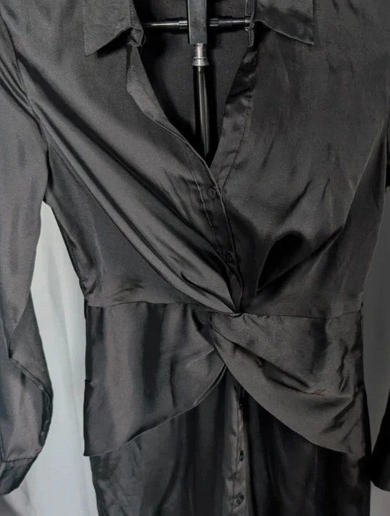 Stradivarius black satin pencil dress with twist front, collared V-neck, and long sleeves.