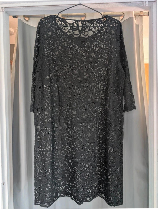 Monsoon black sheer floral lace mini dress with 3/4 sleeves and scoop neckline.
