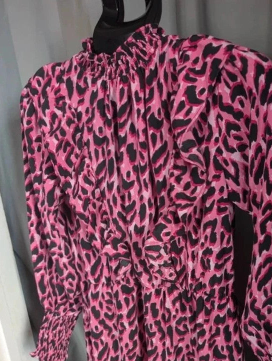 Savida pink and black leopard print mini dress with ruffle details and frill neckline.