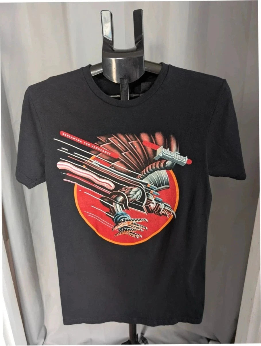 Judas Priest black graphic tee featuring red "Screaming for Vengeance" eagle artwork and logo.