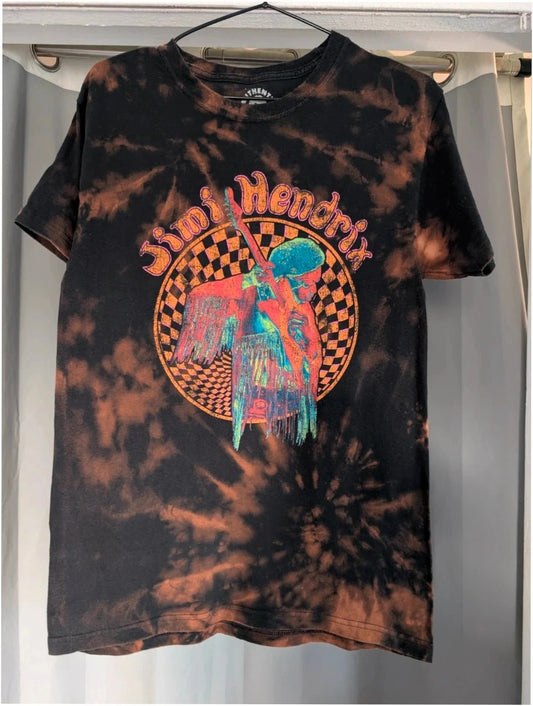 Hendrix graphic tee black bleach tie dye featuring vibrant Jimi Hendrix guitar design.