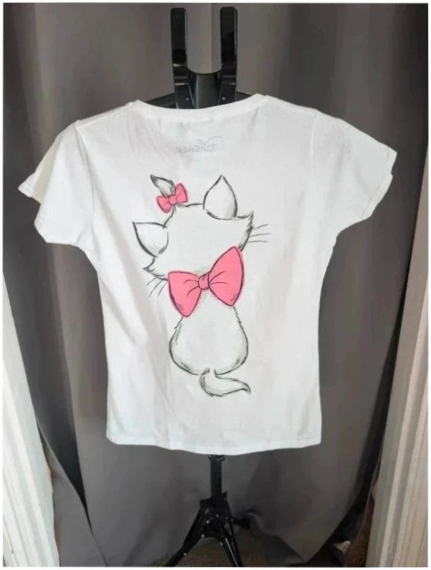 Disney white graphic t-shirt featuring Marie from The Aristocats with pink bows.