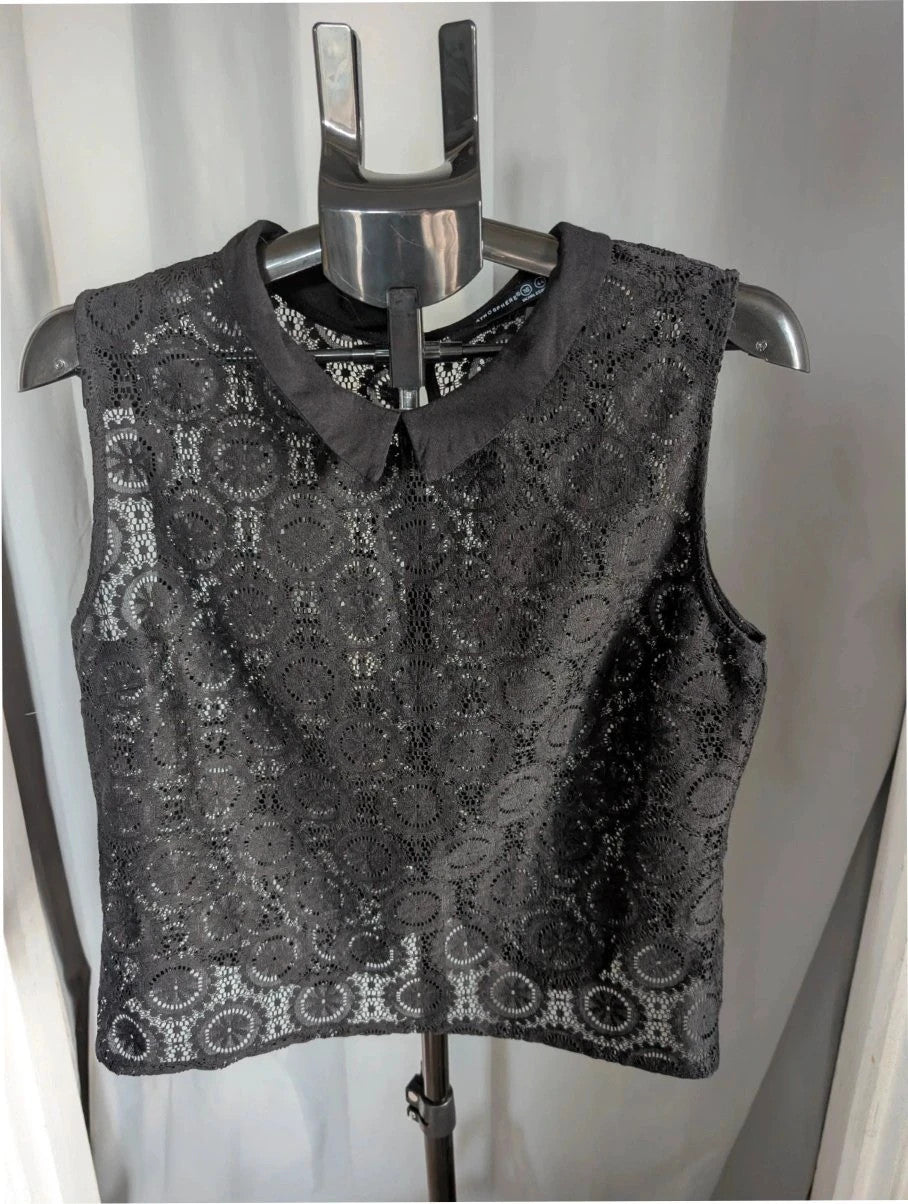 Atmosphere black sleeveless top sheer lace floral pattern Peter Pan collar detail