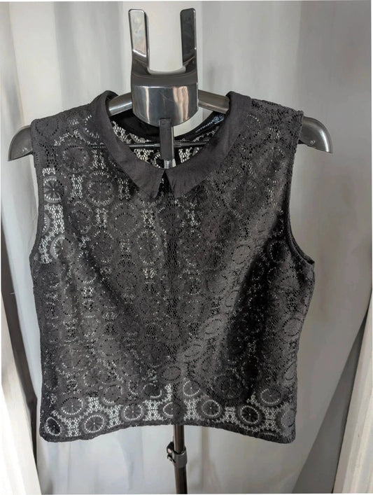 Atmosphere black sleeveless top sheer lace floral pattern Peter Pan collar detail