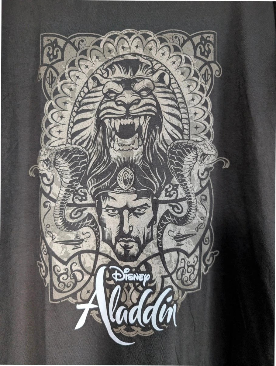 Fruit of the Loom charcoal grey graphic tee featuring Jafar, cobras, and magic lamp print.