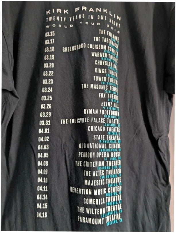 Gildan black graphic tee featuring colorful Kirk Franklin photo and tour date list.