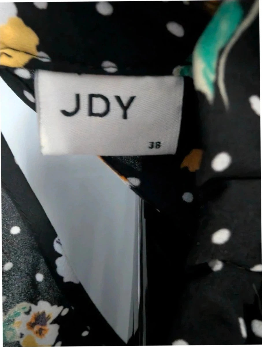 JDY black smock mini dress with floral and polka dot print, long sleeves, and keyhole back.