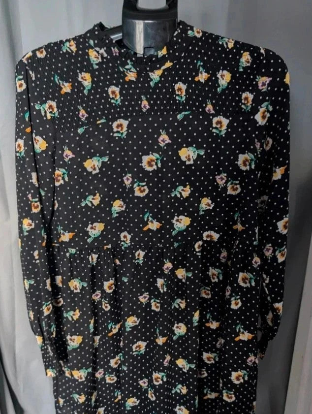 JDY black smock mini dress with floral and polka dot print, long sleeves, and keyhole back.
