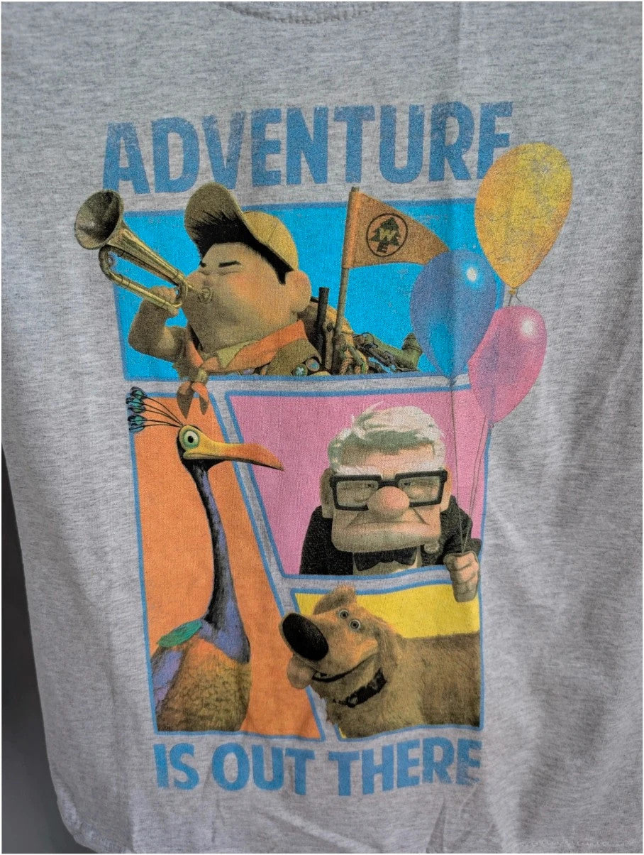 Disney grey marl pocket t-shirt featuring Up characters Carl, Russell, Dug, and Kevin.