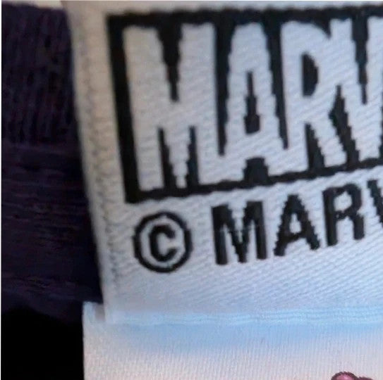 Marvel graphic t-shirt purple featuring "Sorry I'm Late" text and Captain Marvel star motif.