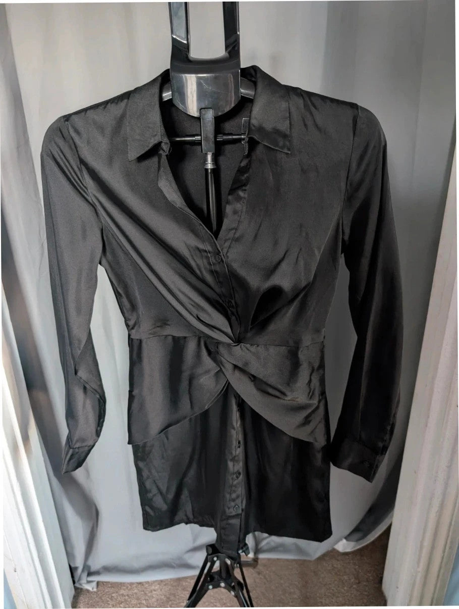 Stradivarius black satin pencil dress with twist front, collared V-neck, and long sleeves.