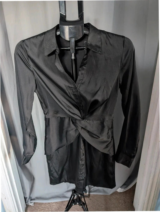 Stradivarius black satin pencil dress with twist front, collared V-neck, and long sleeves.