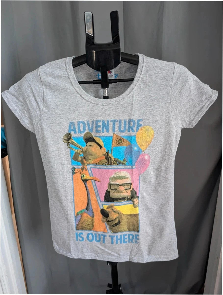 Disney grey marl pocket t-shirt featuring Up characters Carl, Russell, Dug, and Kevin.
