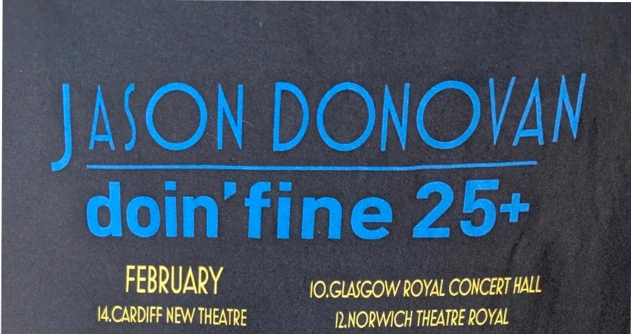 Official Jason Donovan black graphic t-shirt featuring Doin' Fine 25+ tour print and concert dates.
