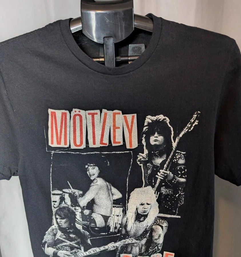 Mötley Crüe black graphic tee featuring retro band collage and red logo lettering.
