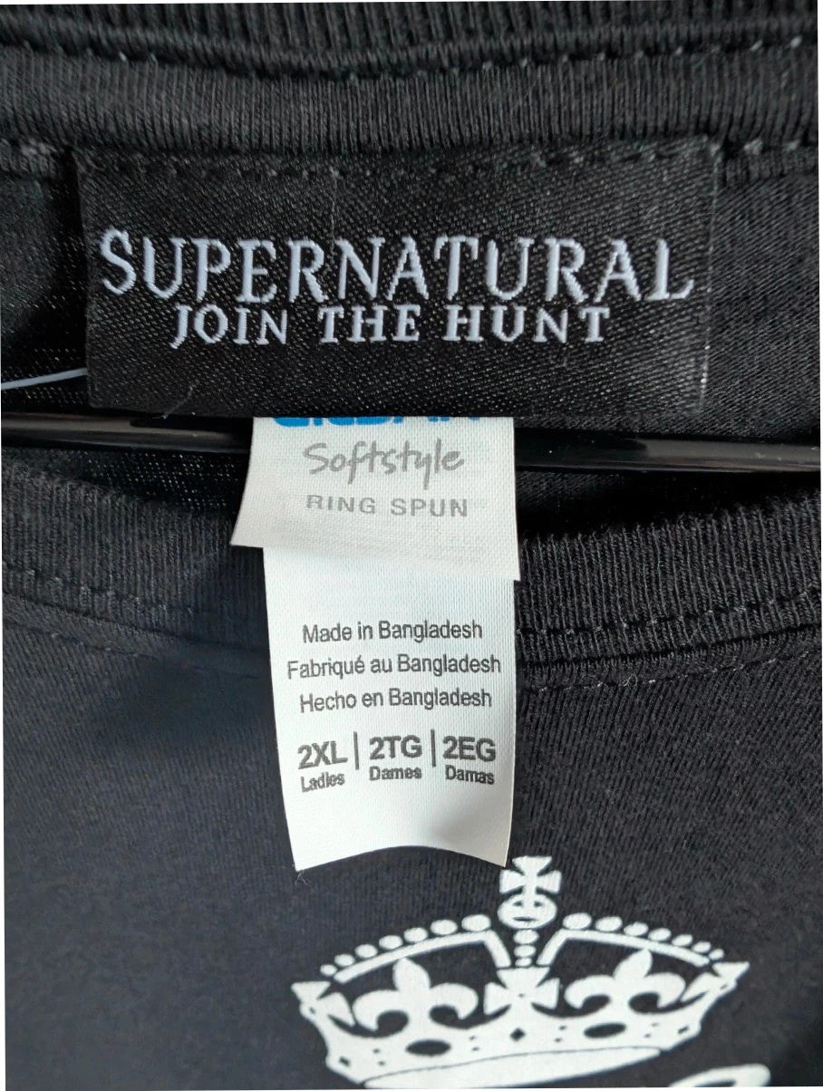 Supernatural black pocket t-shirt with "Stay Inside Salt Circle" graphic and symbols.