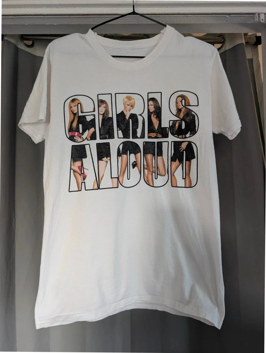 Y2K white pocket t-shirt featuring Girls Aloud band graphic and typography print.