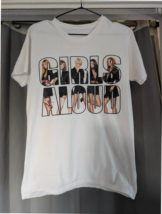Y2K white pocket t-shirt featuring Girls Aloud band graphic and typography print.