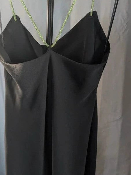 Zara black cowl neck slip dress with lime green rhinestone straps and smooth polyester fabric.