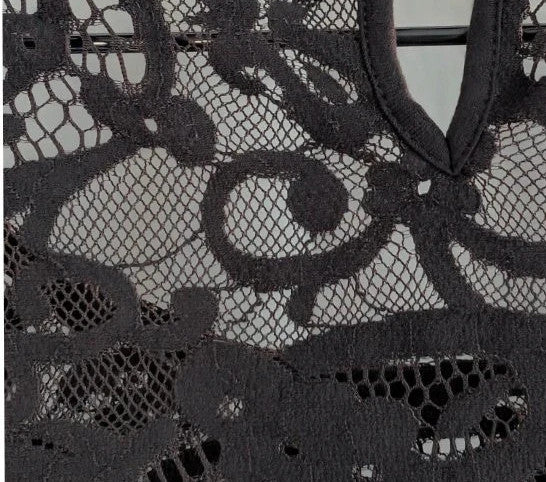 Monsoon black sheer floral lace mini dress with 3/4 sleeves and scoop neckline.