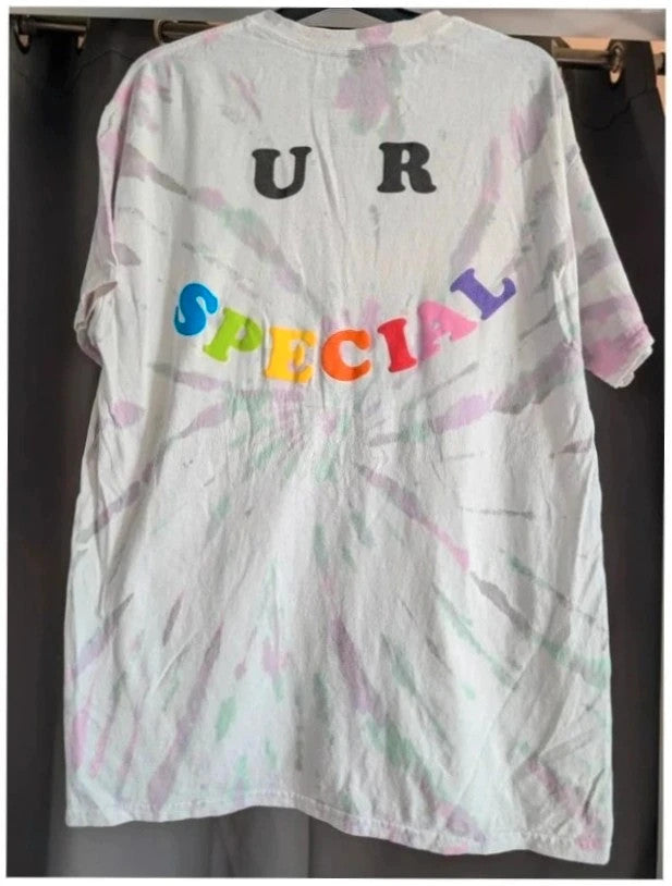 Lizzo Official Merch graphic t-shirt, white with pastel tie-dye and foam puff print logo.