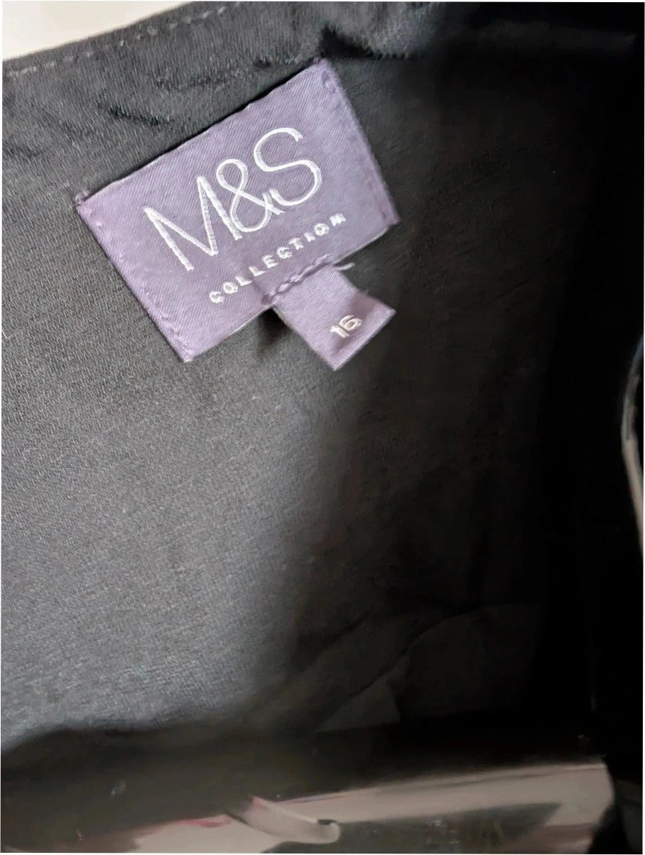 Marks & Spencer black blazer jacket with ruched sleeves and collarless design.