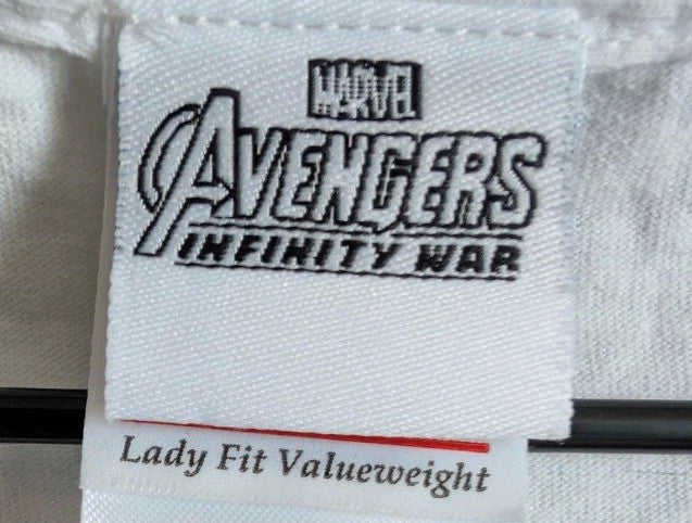 Marvel white graphic tee featuring Black Panther, Iron Man, and Captain America prints.